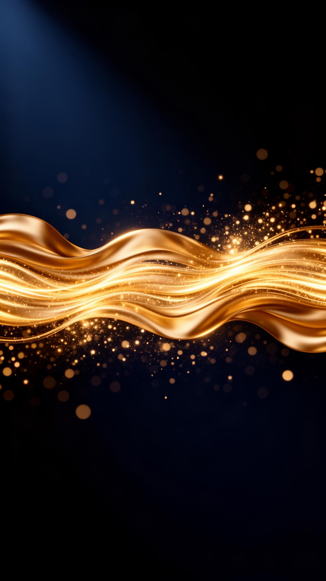 Flowing gold waves on midnight background